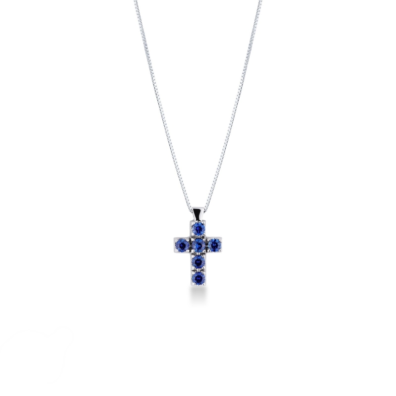 Collana con pendente a croce in oro bianco 18k con zaffiri blu, 50 cm