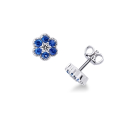 18k white gold cluster earrings with blue sapphires and round cut diamond
