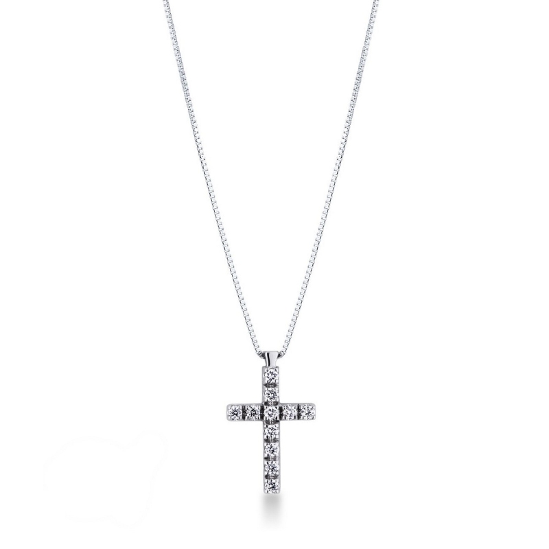 Collana in oro bianco 18k con croce e diamanti, 50 cm