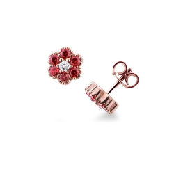 Cluster earrings in 18k white gold with rubies and diamonds