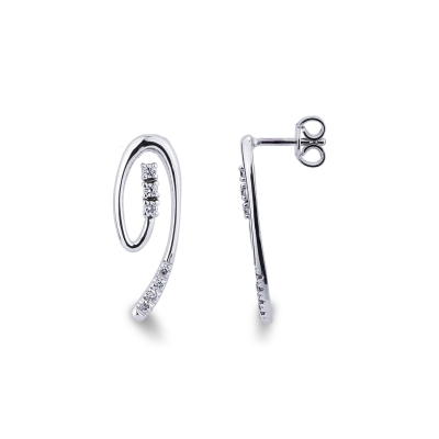 18k white gold spiral earrings with round cut diamonds