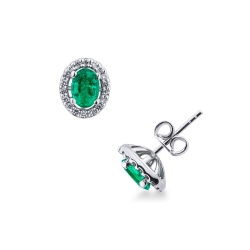 18k white gold halo stud earrings with diamonds and emeralds 