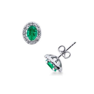 18k white gold halo stud earrings with diamonds and emeralds 