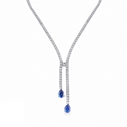 Diamond tennis necklace with 2 pear cut blue sapphires