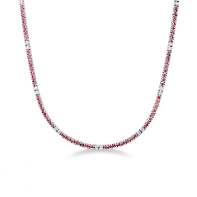 Diamond and ruby tennis necklace in 18k white gold 