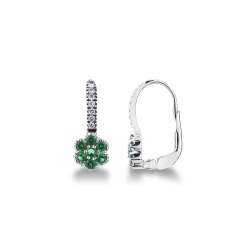 White gold 18k drop earrings with diamonds and emeralds flower shaped 