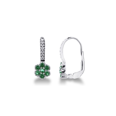 White gold 18k drop earrings with diamonds and emeralds flower shaped 