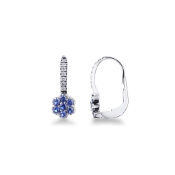 White gold 18k drop earrings with diamonds and blue sapphires flower shaped 