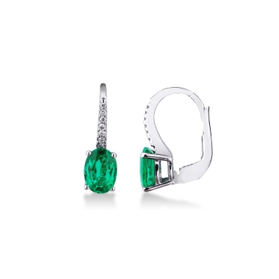 White gold 18k drop earrings with emeralds oval cut and diamonds 