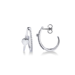 White gold 18k half hoops earrings with hearts and diamonds 