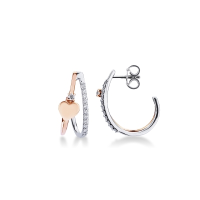 White and rose gold 18k half hoops with heart and diamonds 
