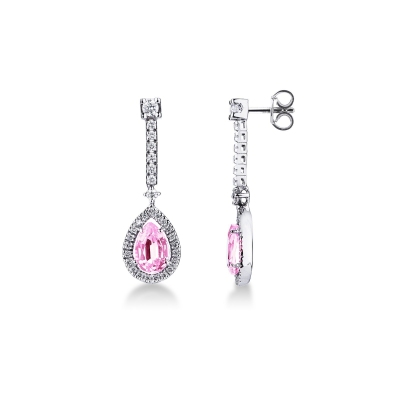 White gold 18k drop earrings with diamonds and pink sapphires 