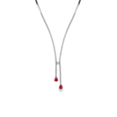 Fantasy tennis necklace with diamonds and 2 drop cut rubies