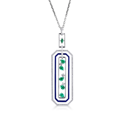 18k white gold necklace with fancy pendant with emeralds and diamonds