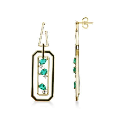 18k yellow gold earrings with emeralds drop cut and diamonds 