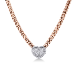 Collana groumette in oro rosa 18k con pendente a cuore in oro bianco e diamanti
