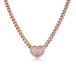 Cuban chain in 18k rose gold with heart pendant with diamonds pavé 