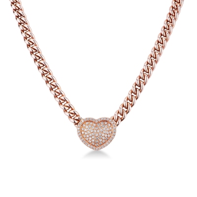 Cuban chain in 18k rose gold with heart pendant with diamonds pavé 