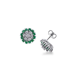 18k white gold round stud cluster earrings with diamonds and emeralds