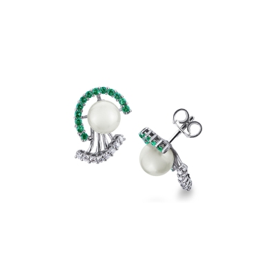 White gold 18k earrings with pearls, emeralds and diamonds 
