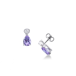 Earrings in white gold 18k with amethyst pear cut and diamonds, 7x5 mm