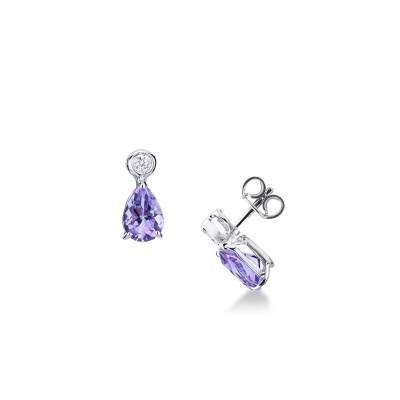 Earrings in white gold 18k with amethyst pear cut and diamonds, 7x5 mm
