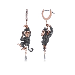 Rose and white gold 18k drop earrings with monkeys in black and white diamonds 