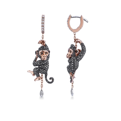 Rose and white gold 18k drop earrings with monkeys in black and white diamonds 