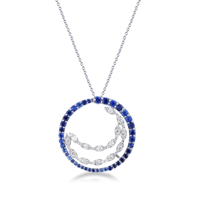 18k white gold necklace with pendant in blue sapphires and diamonds