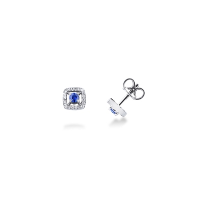 18k white gold earrings with diamonds and central blue sapphire, 0.62x0.62 cm