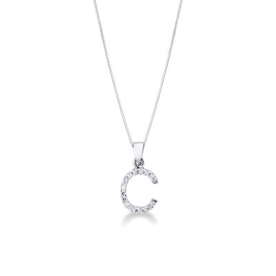 Letter C pendant with diamonds in white gold 18k