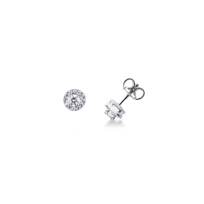 18k white gold earrings with halo in diamonds and central diamond of about 0.10 ct