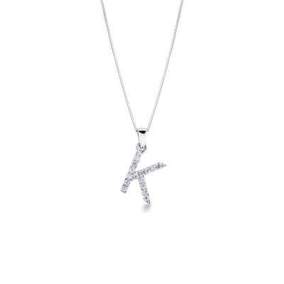 18k white gold necklace with small letter k pendant with diamonds