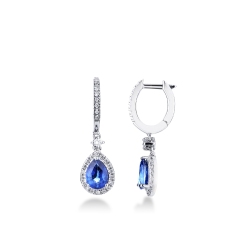 Earrings in white gold 18k with diamonds and blue sapphires drop cut, 7x5 mm