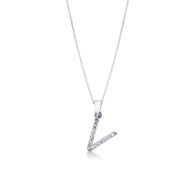 Letter V pendant with diamonds in 18k white gold