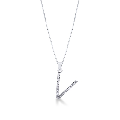 Letter V pendant with round cut diamonds