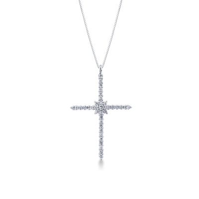 Thin cross pendant with diamonds in white gold 18k