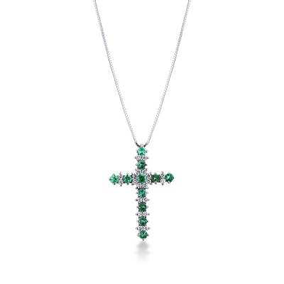 Emerald and diamond cross pendant in 18k white gold