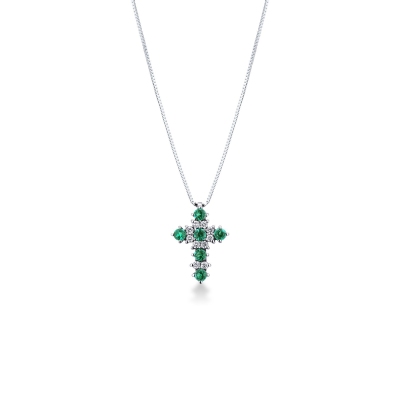 Cross pendant with emeralds and diamonds
