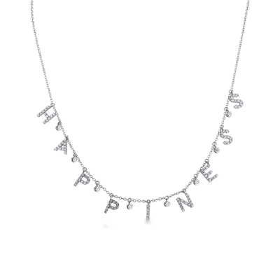 Necklace with HAPPINESS charms with round cut diamonds 