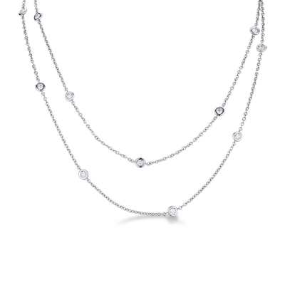 18k white gold long necklace with round cut diamonds