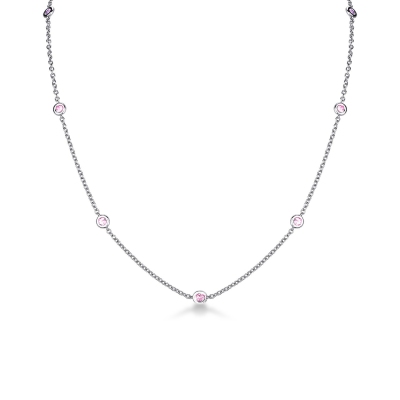 18k white gold necklace with pink sapphires in full bezel