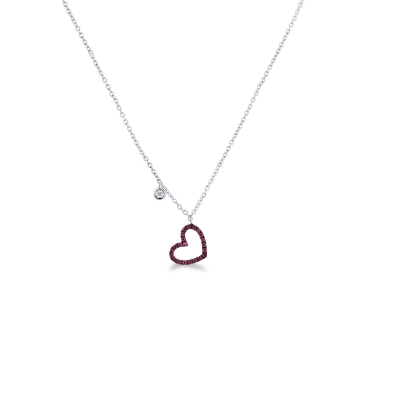 Necklace with burnished heart pendant with rubies and a solitaire diamond