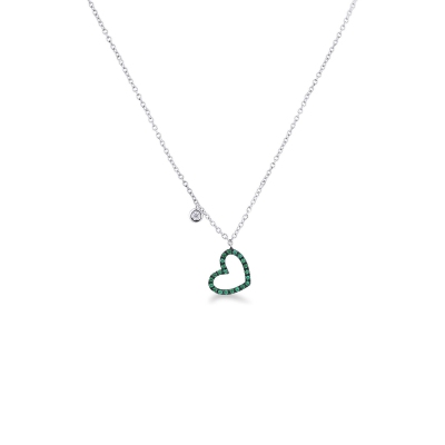 Necklace with burnished heart pendant with emeralds and a solitaire diamond