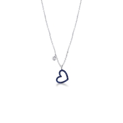 18k white gold necklace with heart pendant with blue sapphires, 42 cm 