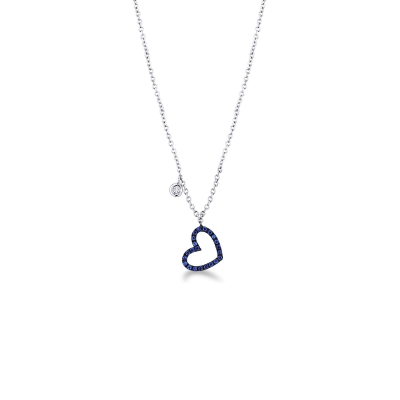18k white gold necklace with heart pendant with blue sapphires, 42 cm 