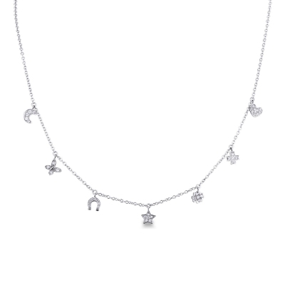 Necklace with 7 charms in 18k white gold and diamonds