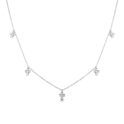 18k white gold necklace with 5 diamond crosses