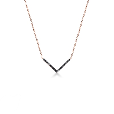 18k rose gold necklace with V shape pendant with black diamonds pavè