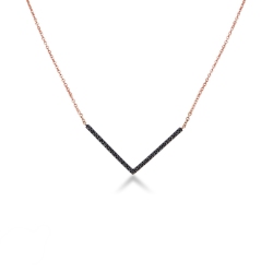 18k rose gold necklace with V shape pendant with black round cut diamonds
